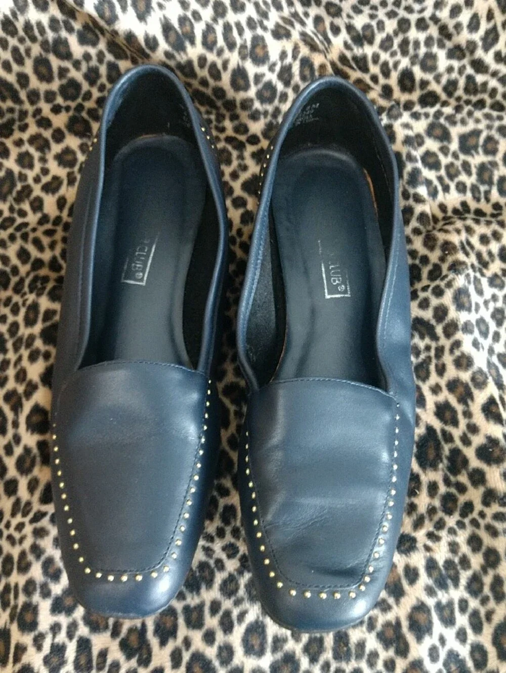 Women's Navy Leather Studded Loafers